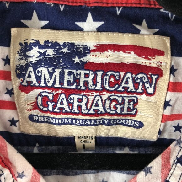 American Garage Mens Button Down Shirt Stars Stripes USA Flag Red White Blue L - Picture 3 of 4